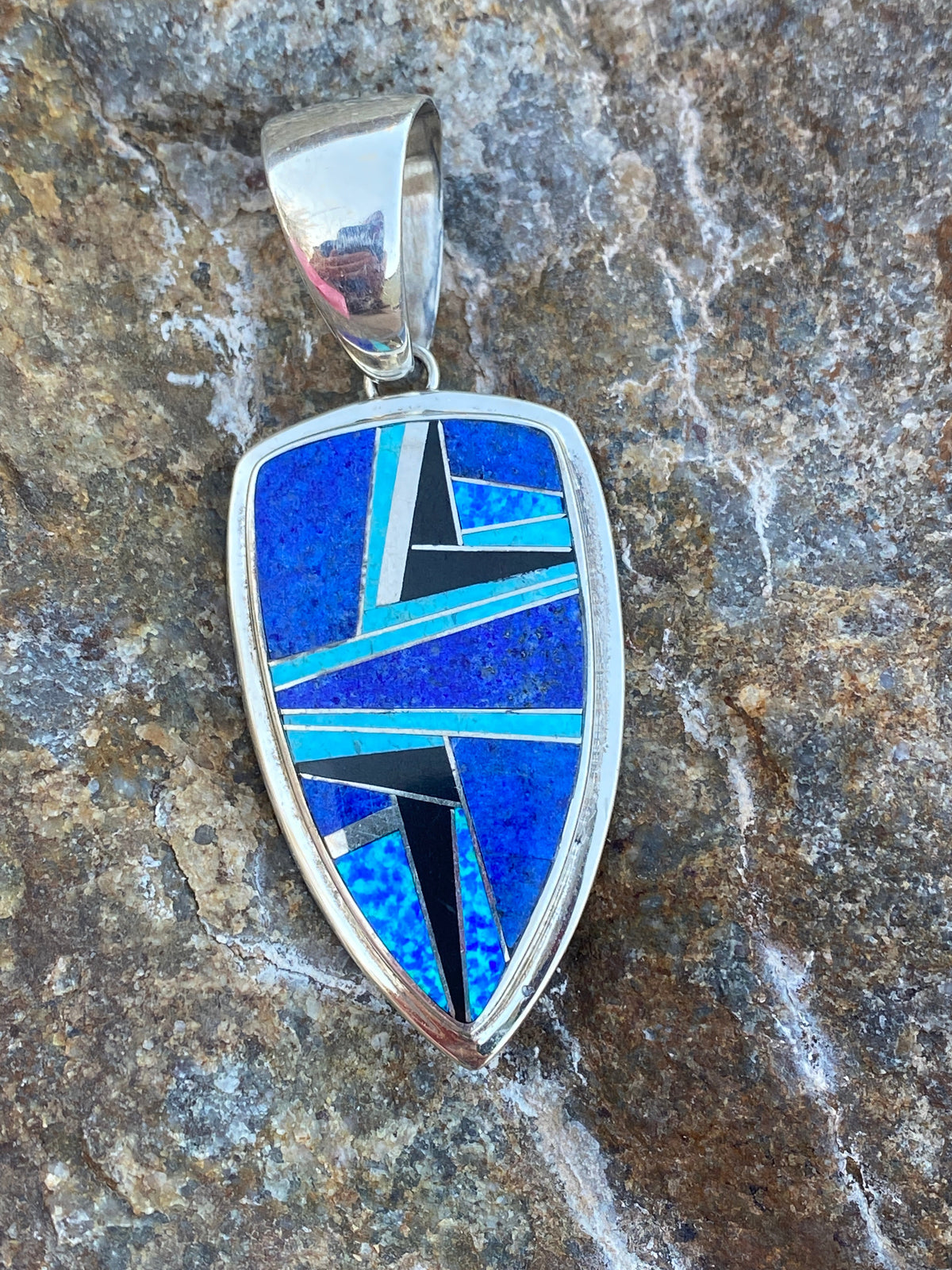 Navajo Lapis, Turquoise, Blue Opal Shield Pendant 2.5”