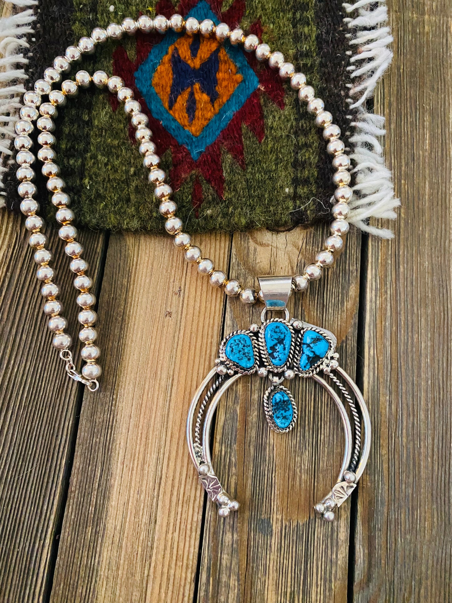 Navajo Sterling Silver & Kingman Turquoise Beaded Naja Necklace