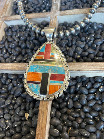 Navajo Multi Stone Inlay & Sterling Silver Pendant Signed LK