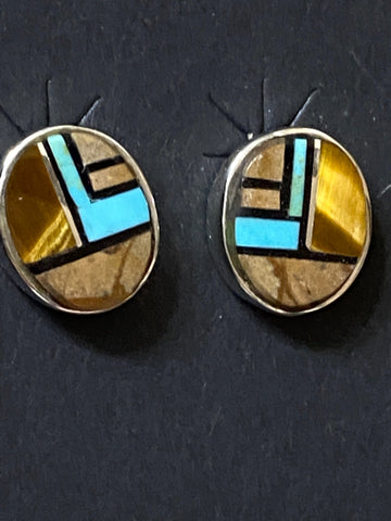 Navajo Turquoise, Onyx, Petrified Wood & Sterling Silver Inlay Small Oval Stud Earrings