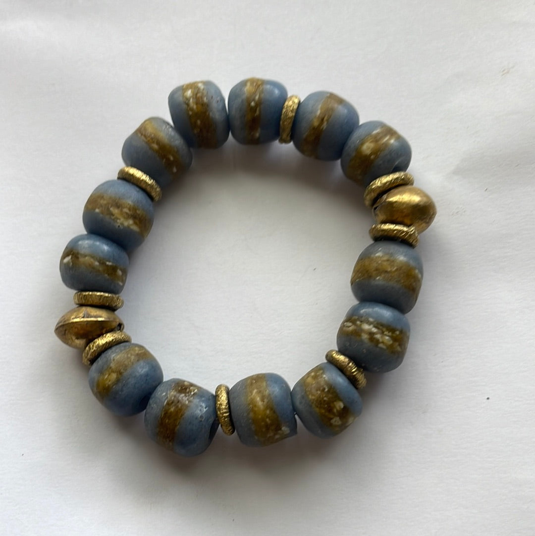 Handmade Recycled Glass Beaded Stretch Bracelet BLUE & GOLD