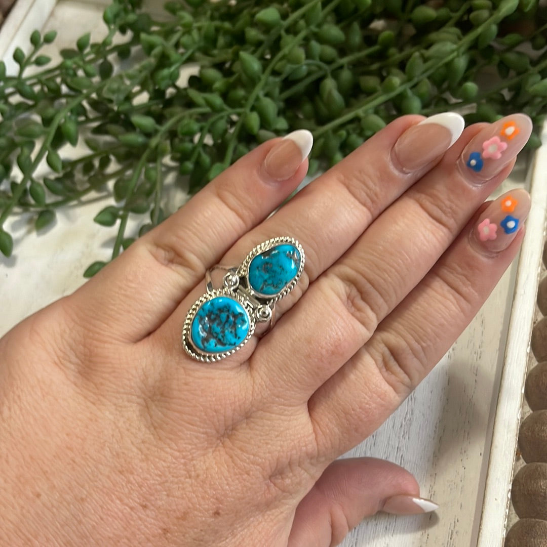 Double Stone Navajo Turquoise & Sterling Silver Ring Signed