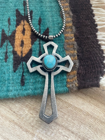 Navajo Sterling Silver & Turquoise Cross Pendant Signed Eugene Mitchell