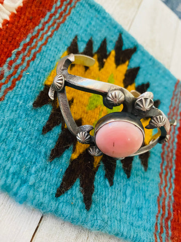 Navajo Queen Pink Conch Shell & Sterling Silver Cuff Bracelet By Chimney Butte