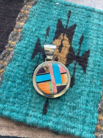 Navajo Multi Stone Inlay & Sterling Silver Circle Pendant