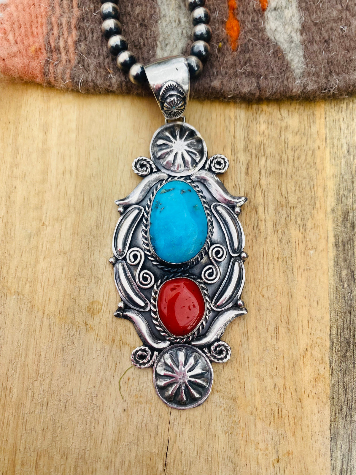 Navajo Sterling Silver, Kingman Turquoise & Coral Pendant Signed