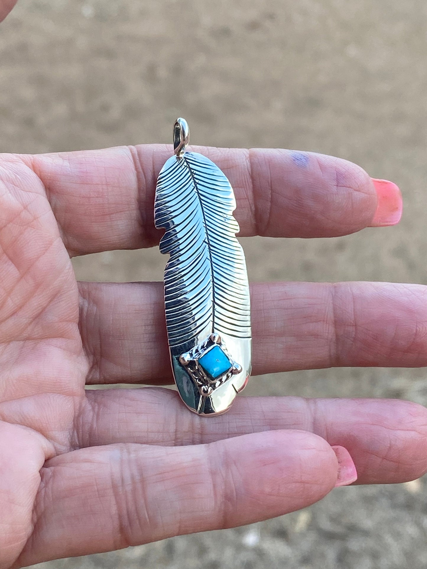 Navajo Kingman Turquoise & Sterling Silver Feather Pendant