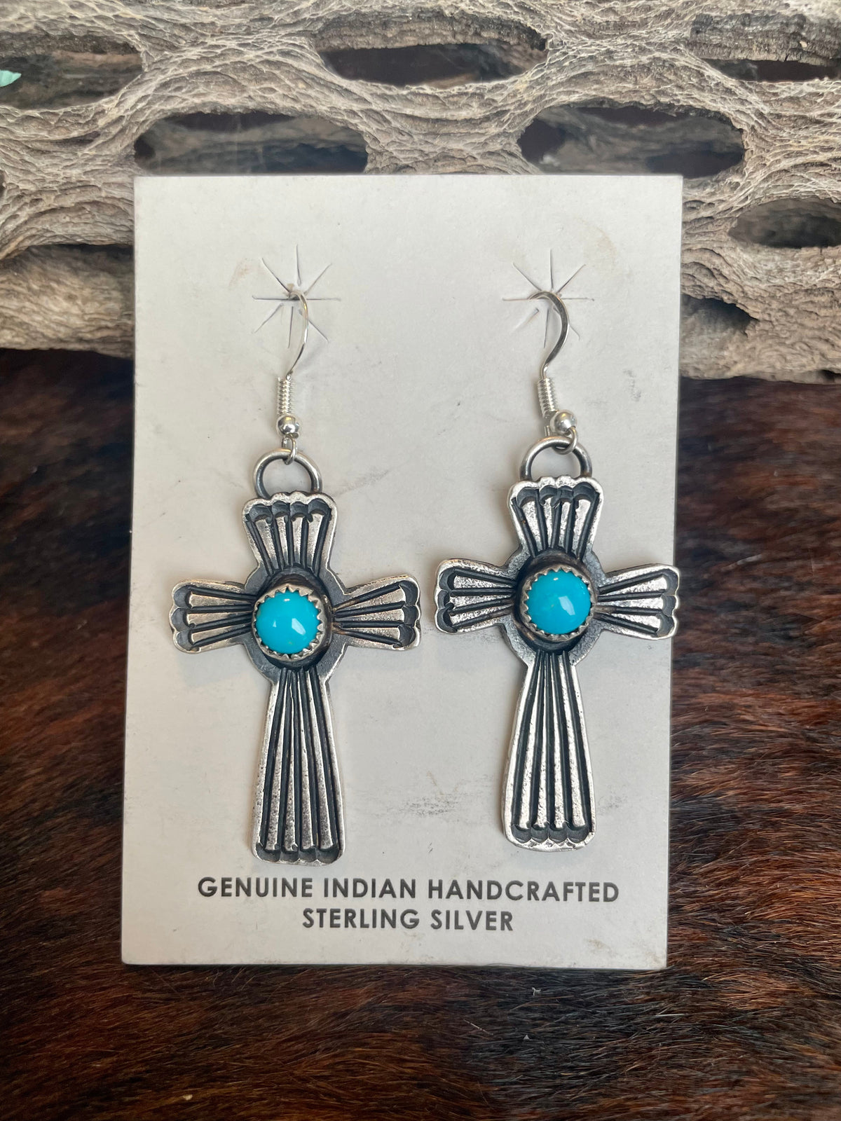 Navajo Turquoise And Sterling Silver Cross Earrings