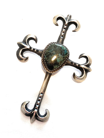 Navajo Sterling Silver & Royston Turquoise Cross Pendant By Martha Cayatineto