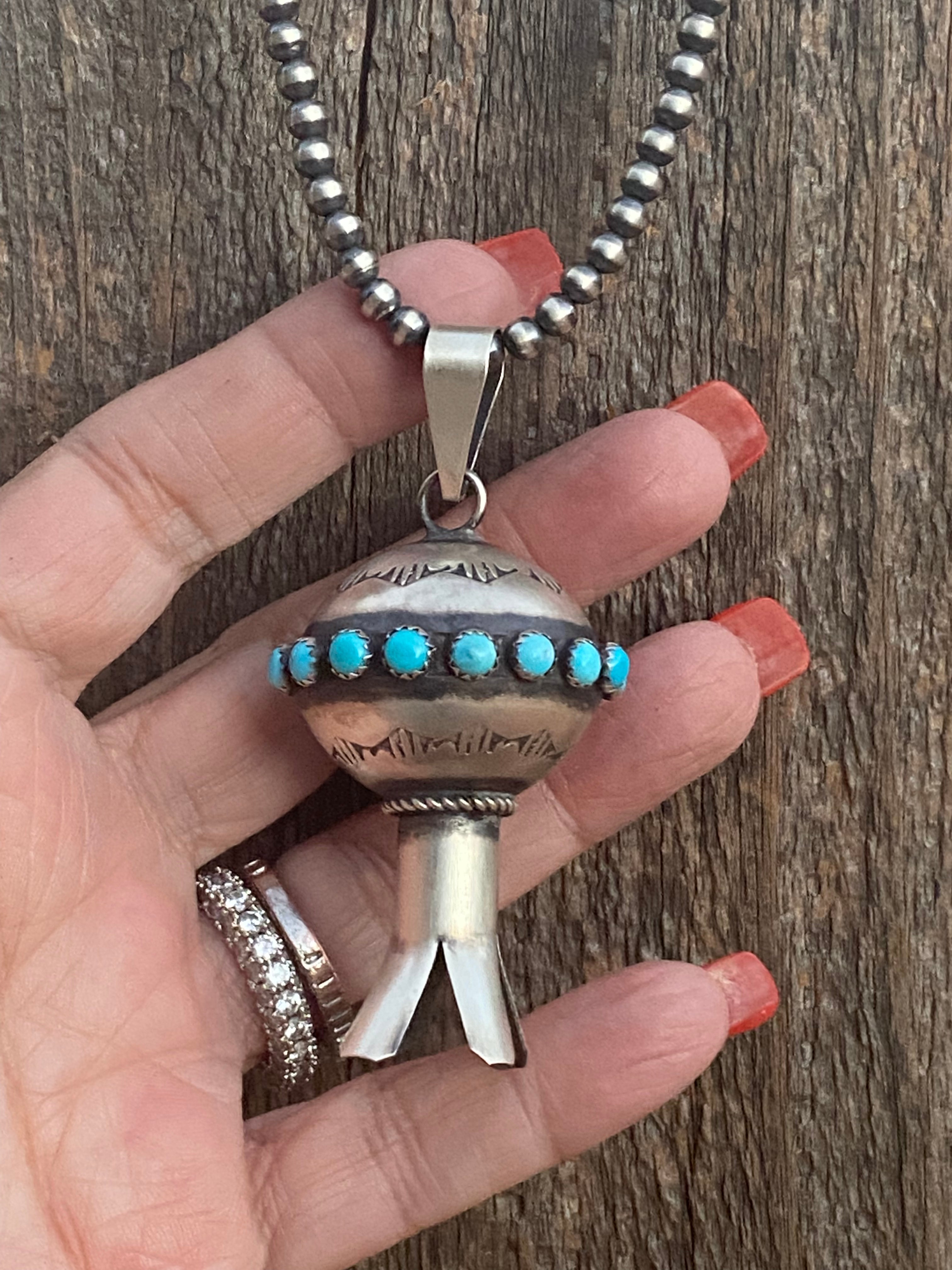 Navajo Handmade Sterling Silver & Turquoise Blossom Pendant Signed