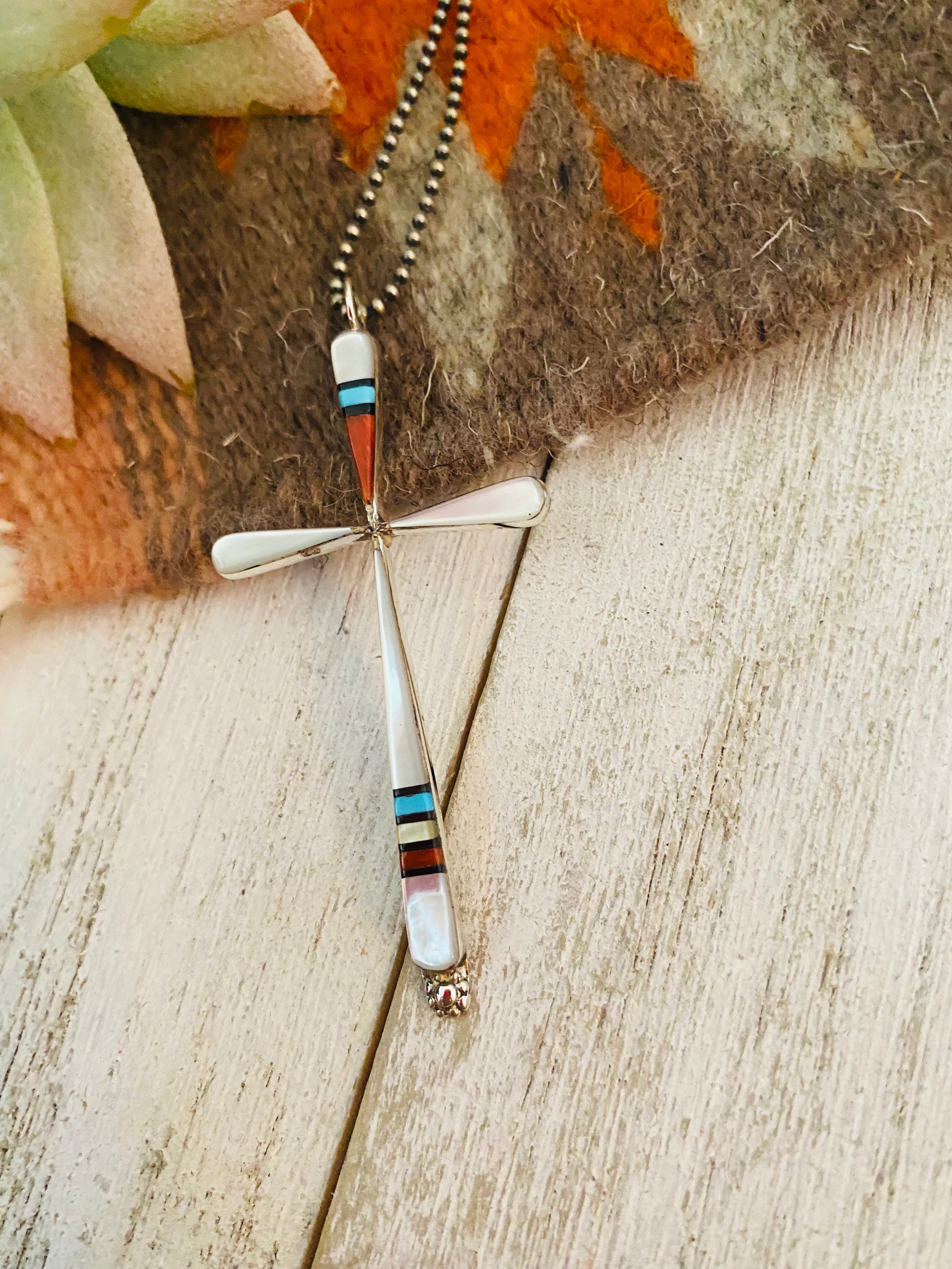 Zuni Multi Stone & Sterling Silver Inlay Cross Pendant