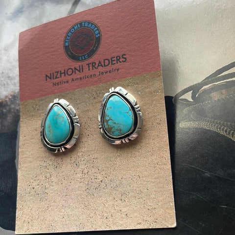 Navajo Turquoise And Sterling Silver Post Triangle Earrings Signed