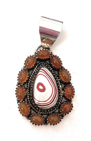 Handmade Sterling Silver, Fordite & Garnet Cluster Pendant