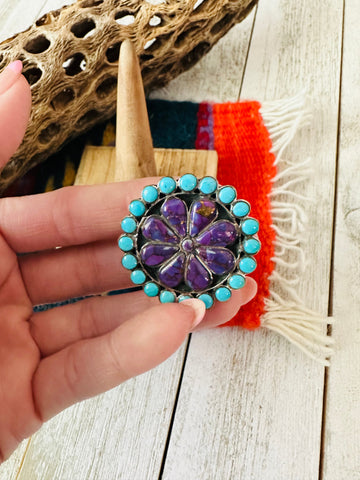 Handmade Sterling Silver, Turquoise & Purple Mojave Cluster Adjustable Ring