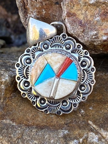 Navajo Turquoise, Coral & Mother of Pearl Pendant Necklace