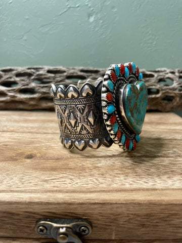 Navajo Sterling Heart Statement Turquoise And Natural Red Coral Bracelet Cuff Signed