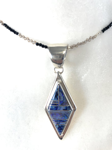 Navajo Sterling Silver & Blue Opal Inlay Diamond Pendant