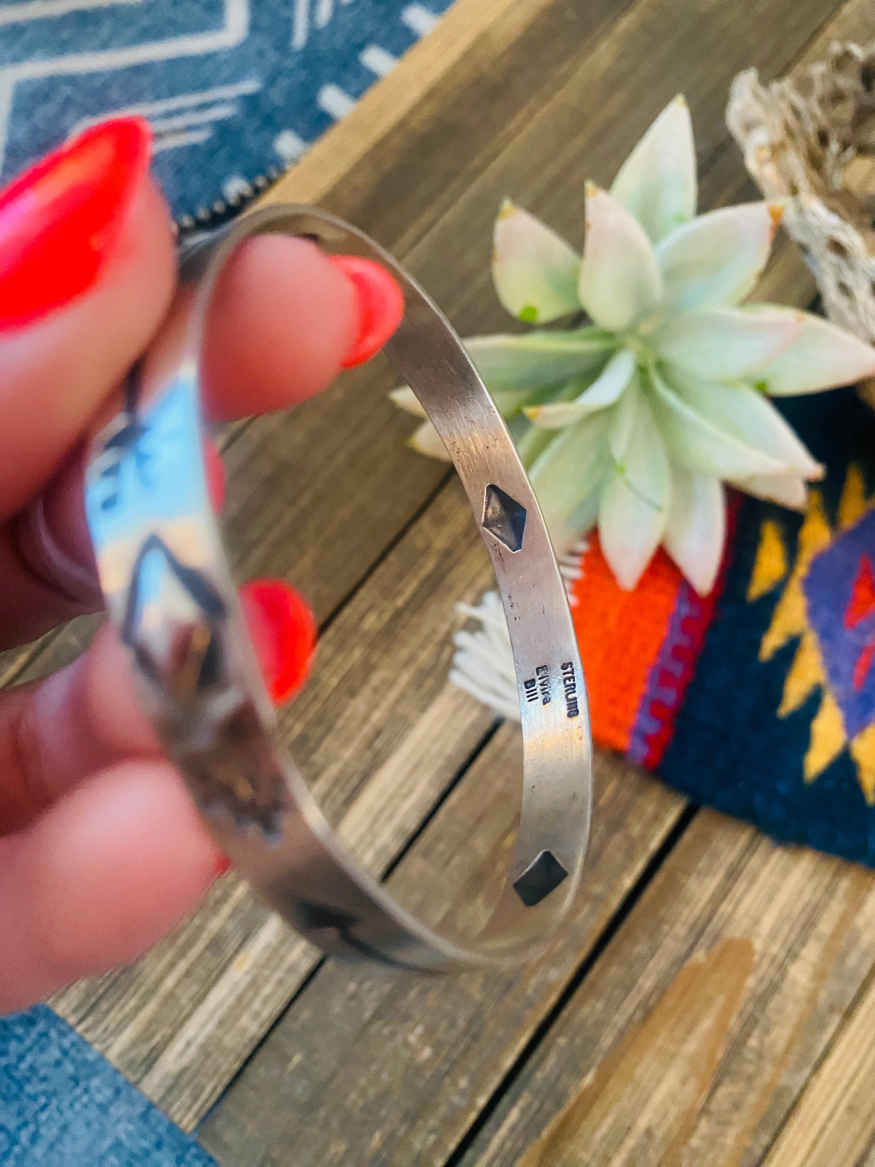 Navajo Hand Stamped Sterling Silver Bangle Bracelet by Elvira Bill