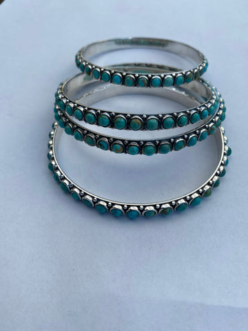 Natural Kingman 4mm Turquoise & Sterling Silver Bangle Bracelet 7.5