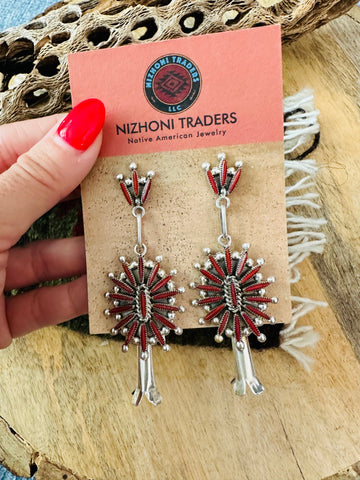 Zuni Sterling Silver & Coral Needlepoint Dangle Earrings