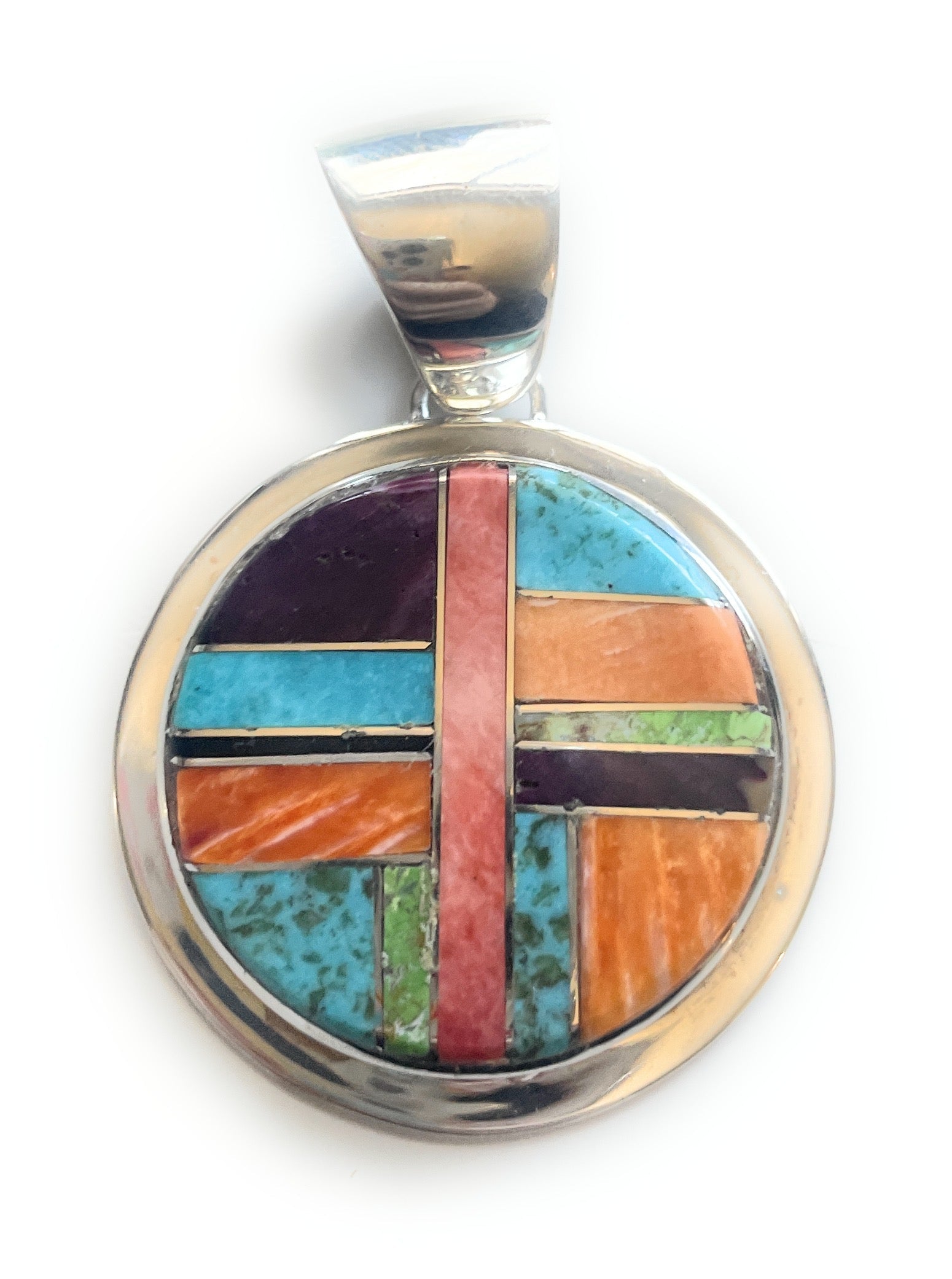 Navajo Multi Stone Inlay & Sterling Silver Circle Pendant