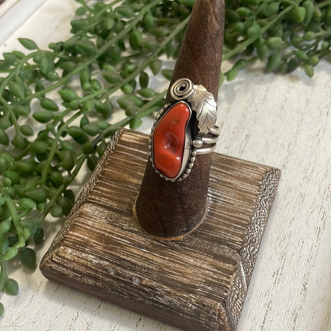 Navajo Coral & Sterling Silver Feather Ring Signed