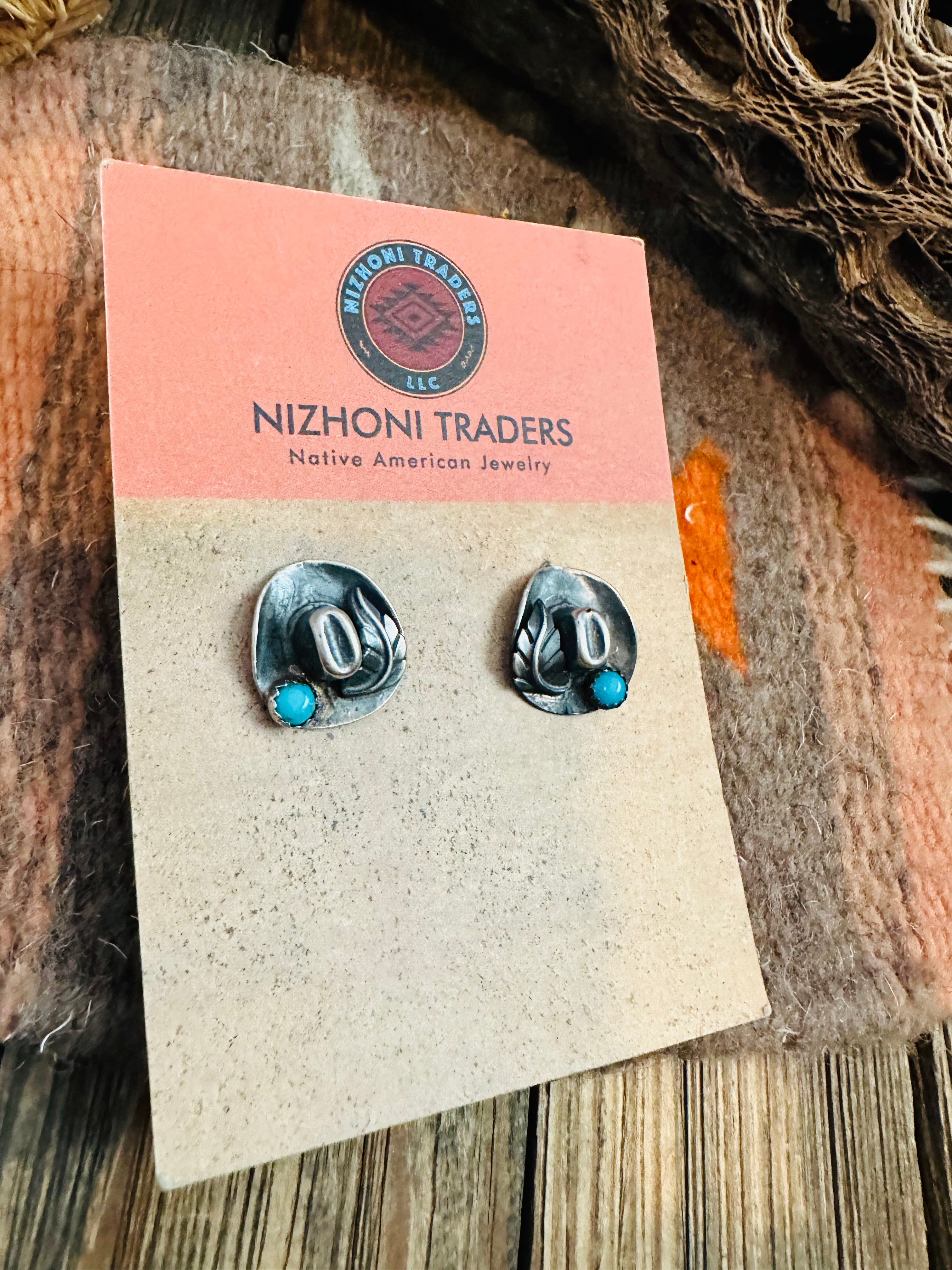 Navajo Mini Cowboy Hat Sterling Silver & Turquoise Stud Earrings