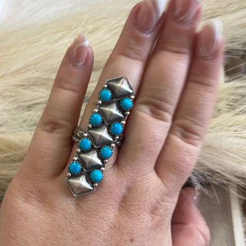 Navajo Turquoise Sterling Silver Adjustable Ring Signed Russell Sam