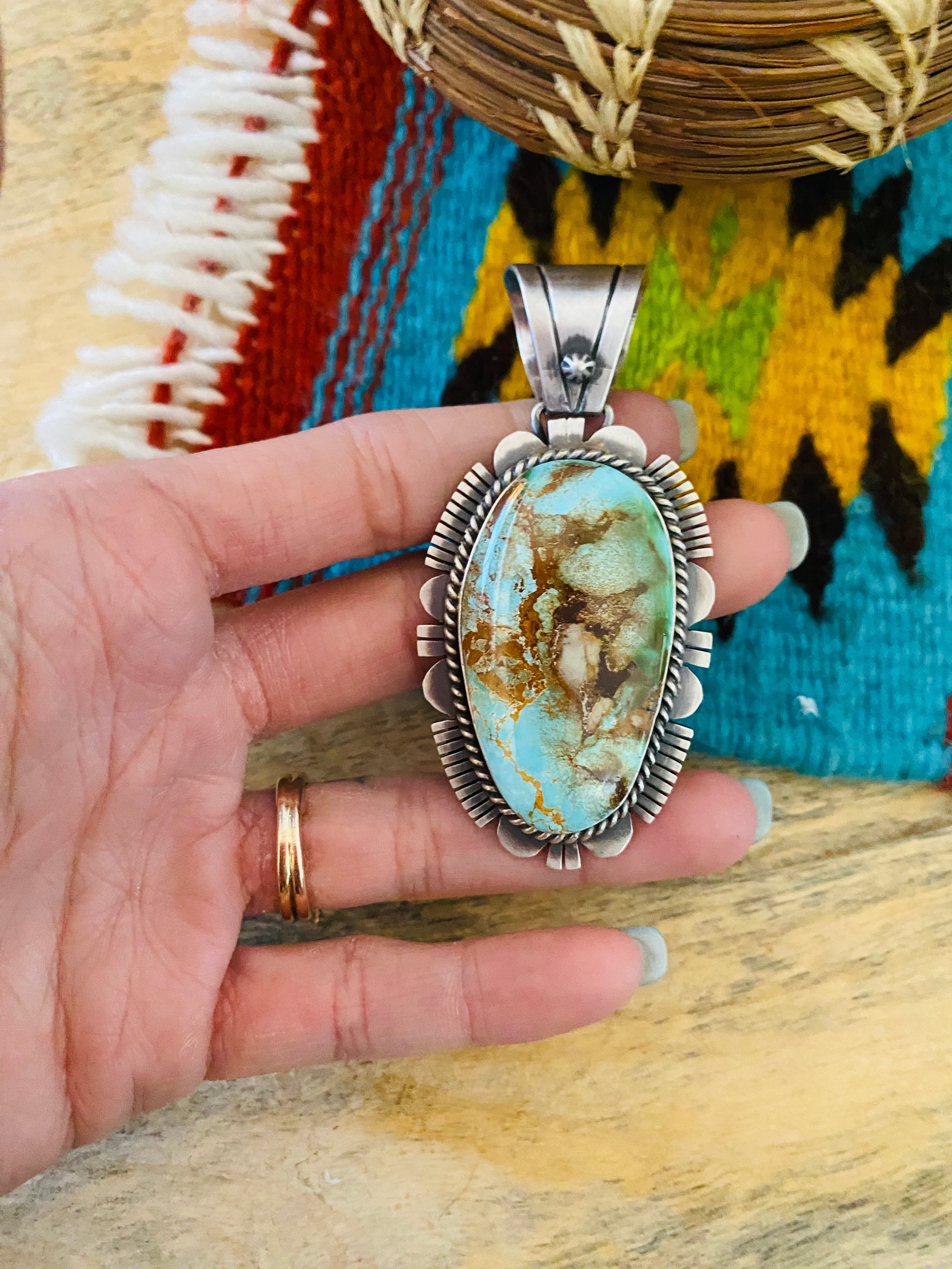 Navajo Royston Turquoise and Sterling Silver Pendant by Russell Sam