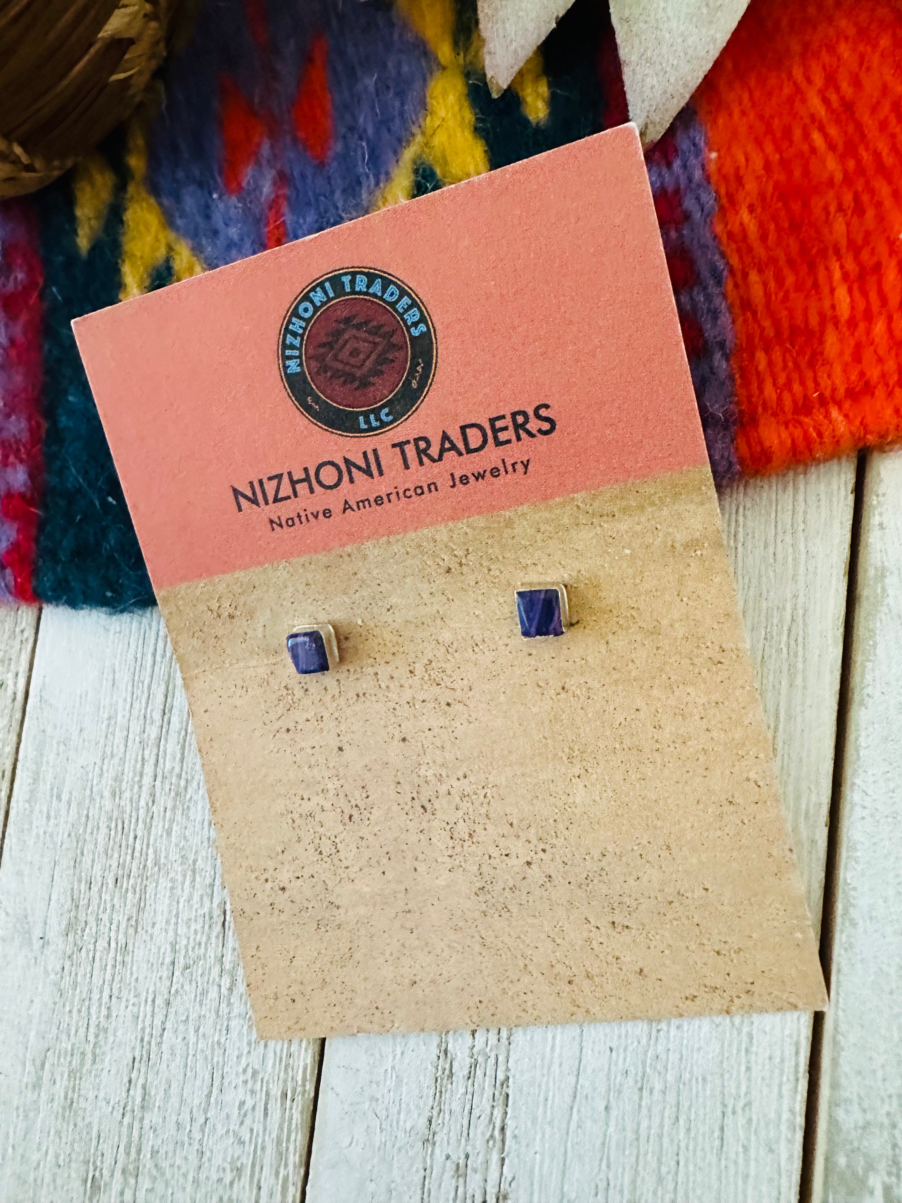 Navajo Charoite & Sterling Silver Diamond Stud Earrings