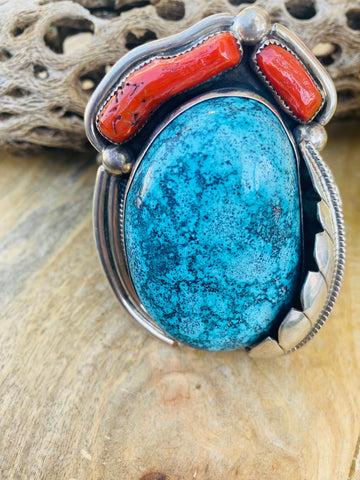 Incredible Navajo Handmade Bisbee Turquoise, Coral & Sterling Silver Jumbo Cuff Bracelet