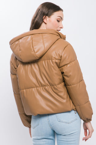 Pu Faux Leather Zipper Hooded Puffer Jacket